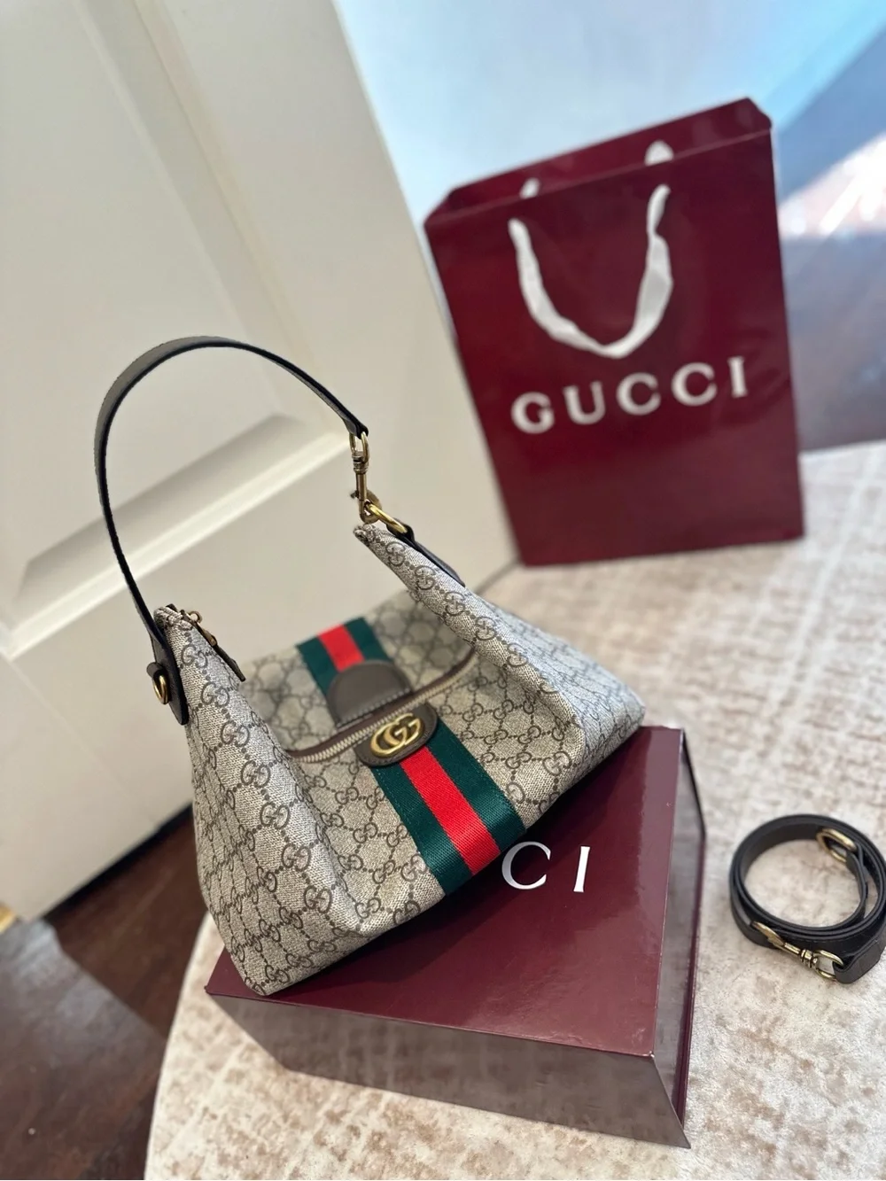 Gucci Beige GG Canvas Shoulder Tote with Green and Red Web Stripe